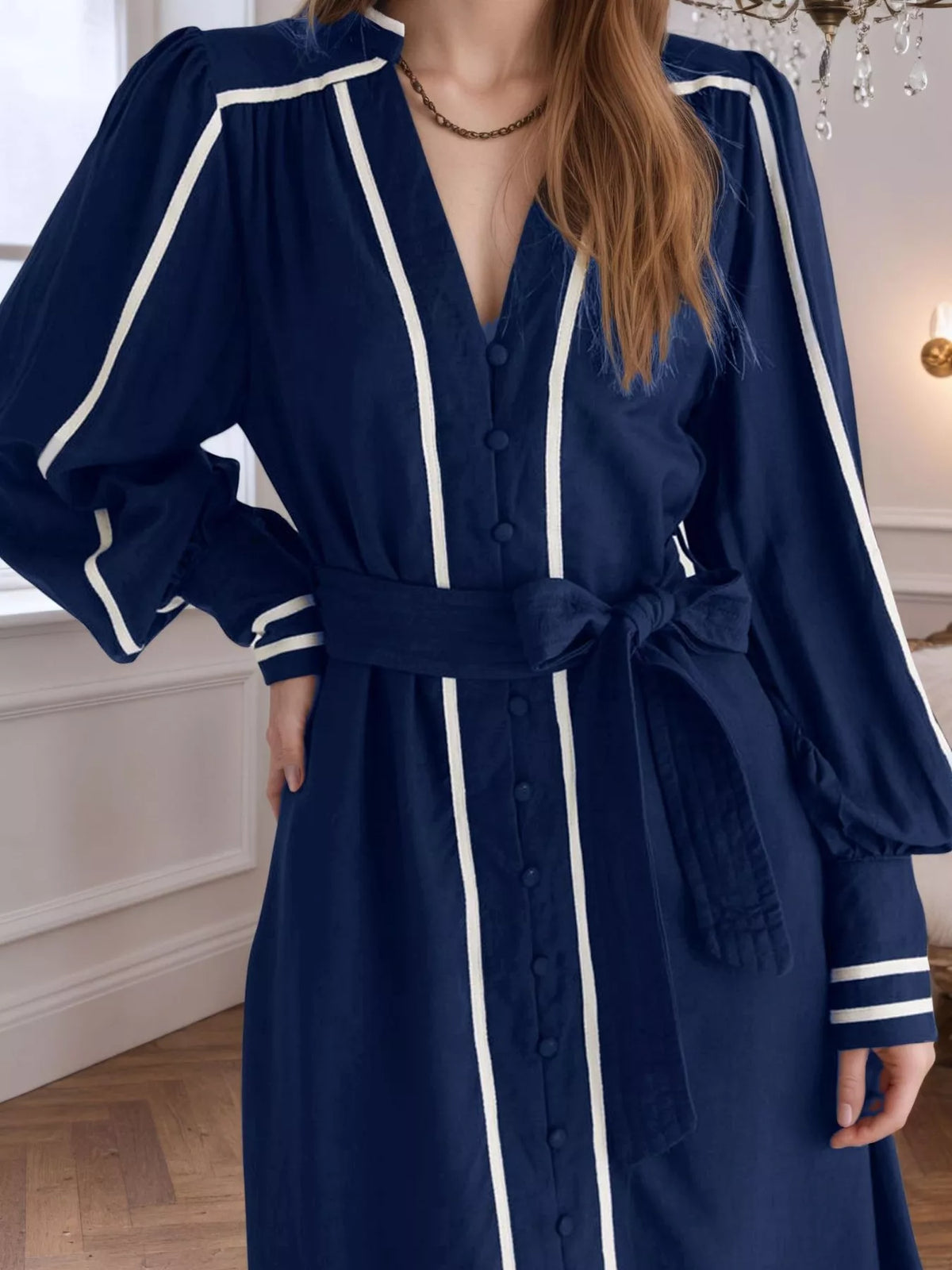 Notched Lantern Sleeve Dress