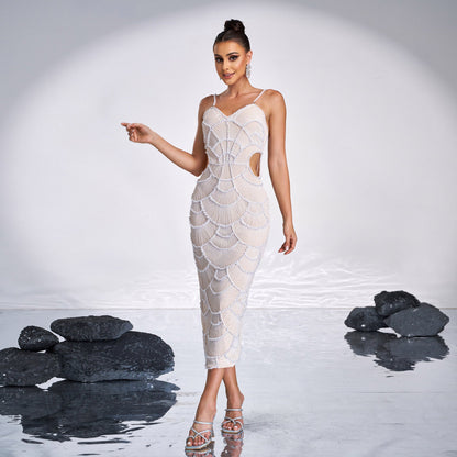 Hollow-out Camisole Beads Banquet Evening Dress Aclosy
