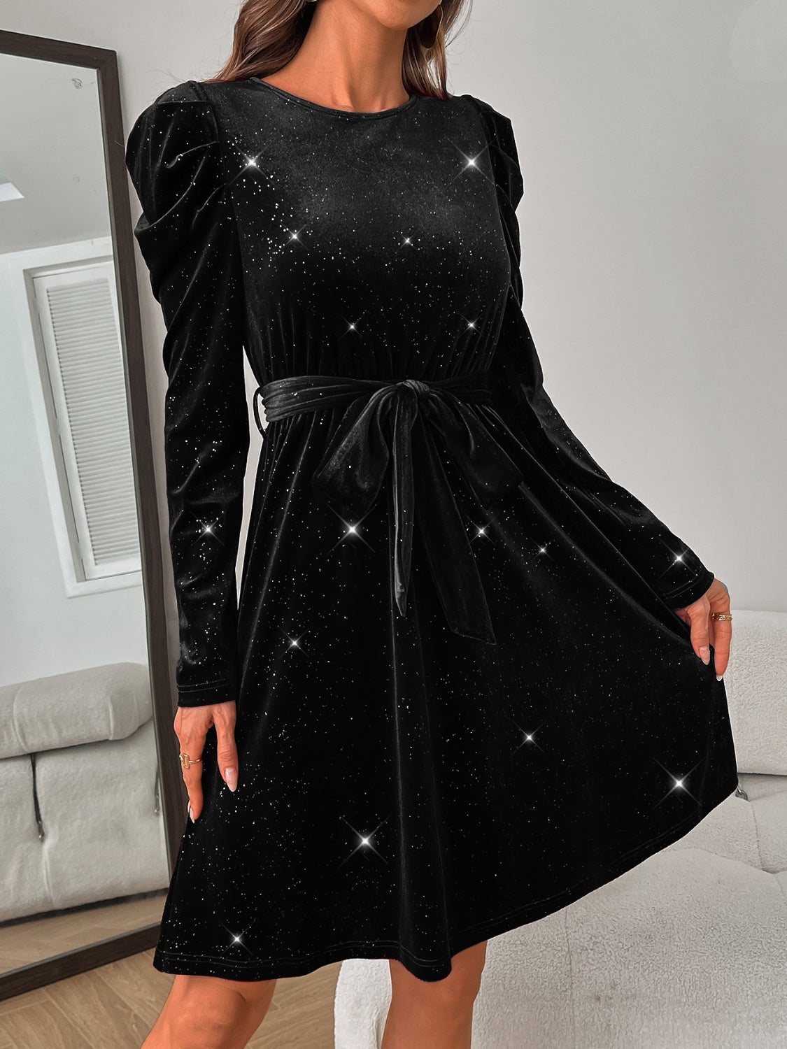 Glitter Round Neck Puff Sleeve Dress Trendsi