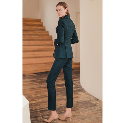 High-end Professional Dark Green Plaid Suit Set aclosy