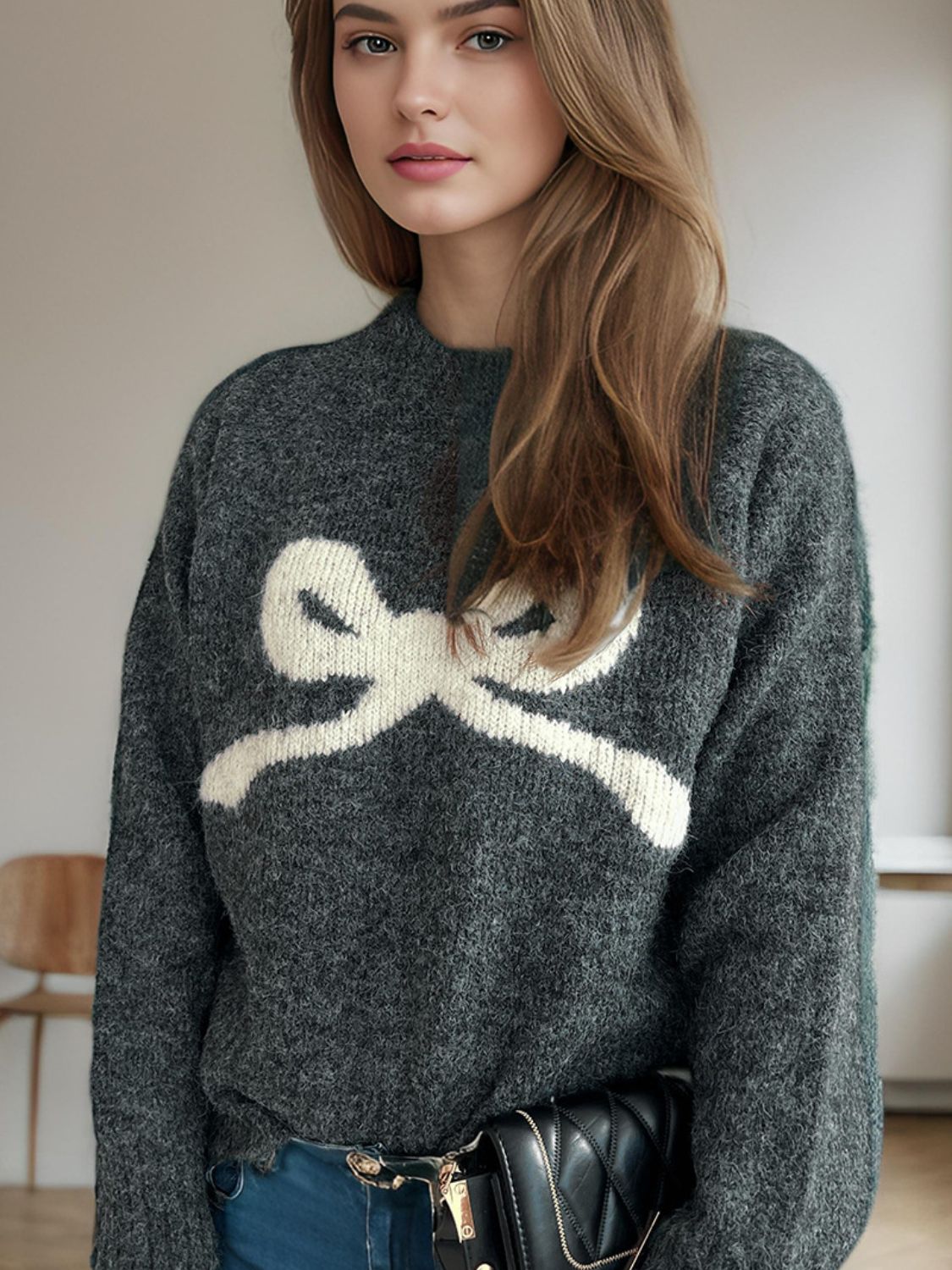 Bow Round Neck Long Sleeve Sweater Trendsi