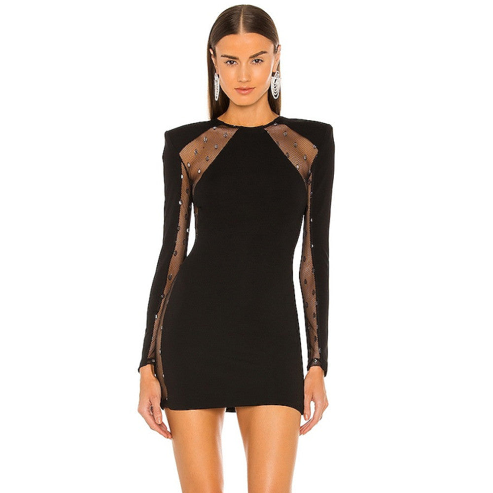 Women's Black Lace Mesh Stretch Wind Dress aclosy