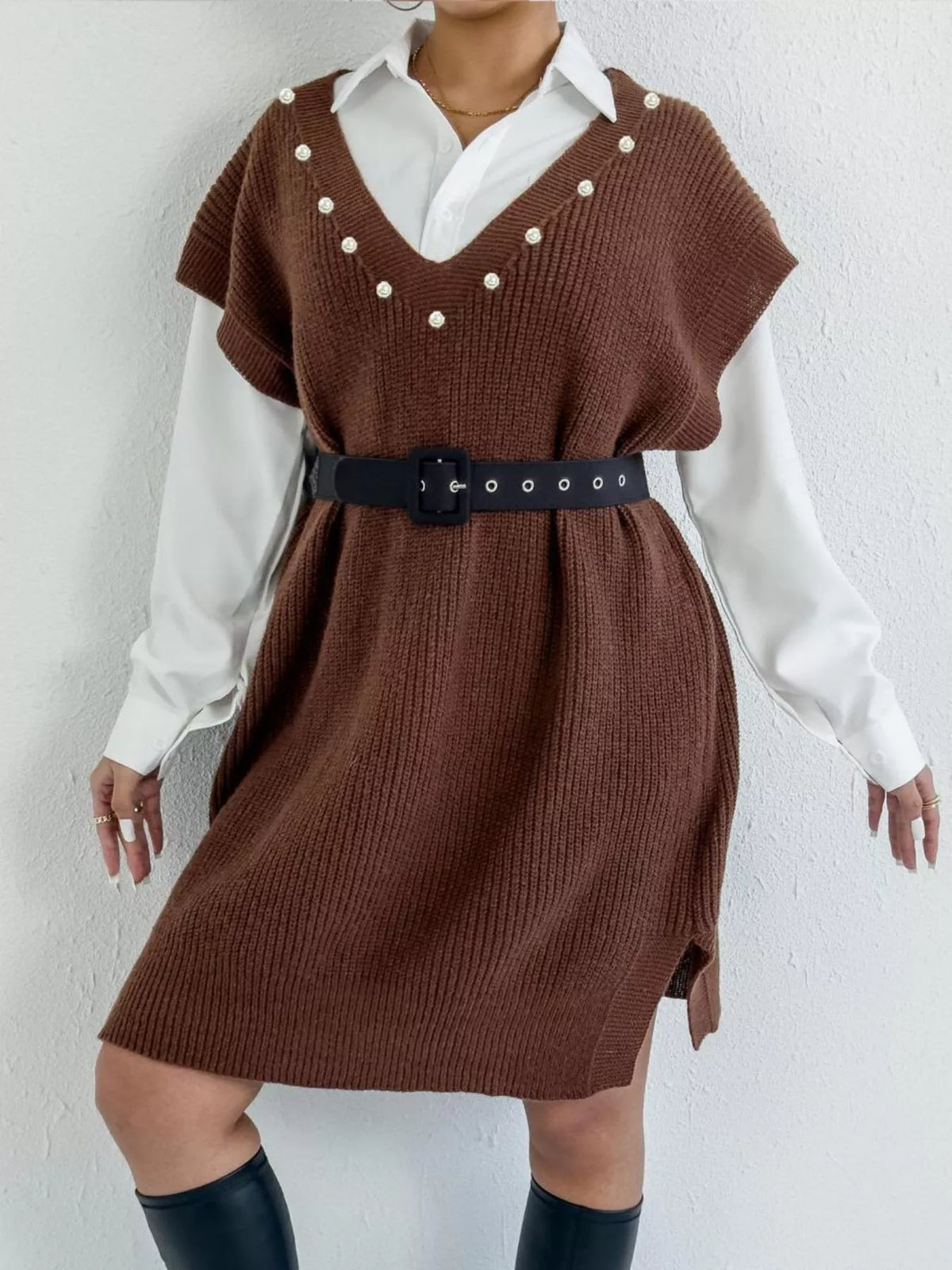 Slit V-Neck Sweater Dress