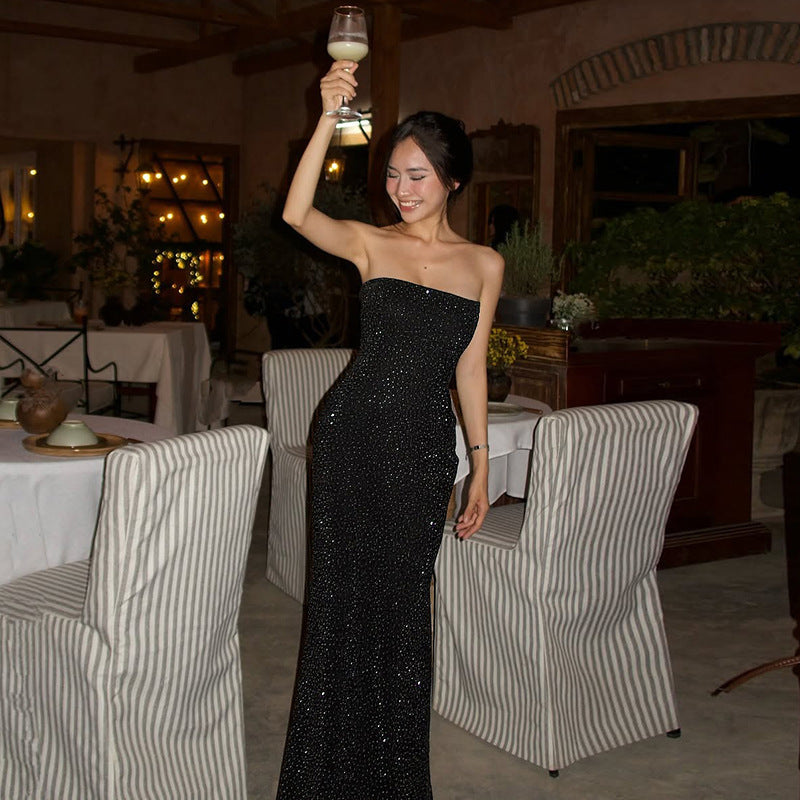 Shasha Rhinestone Strapless Black Backless Maxi Dress