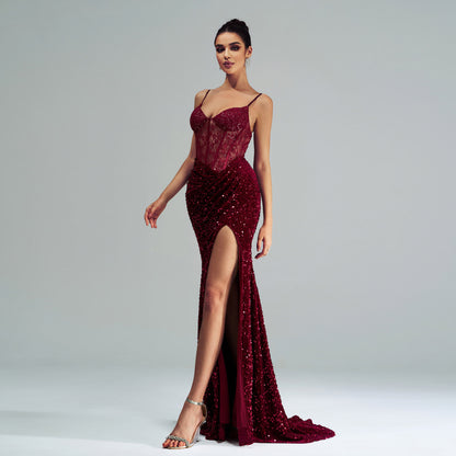 Spaghetti Straps Sleeveless Sequined High Slit Evening Dress aclosy