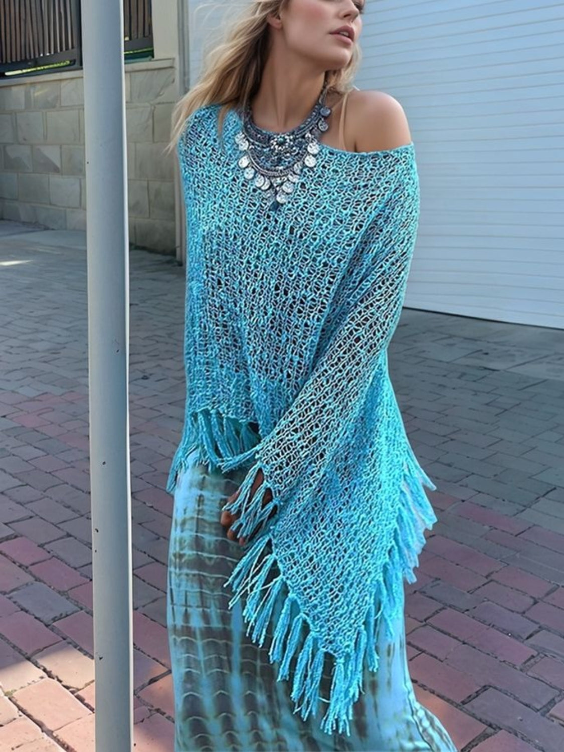 Tassel Boat Neck Knit Shawl