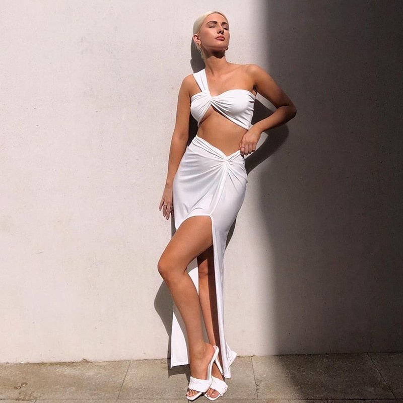 Temperament Elastic Tube Top Irregular Top + Twisted Slit High Waist Skirt Suit Y aclosy