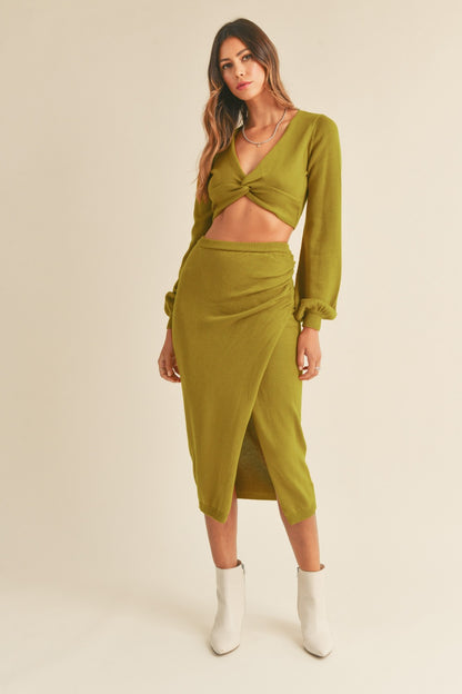 MABLE Front Twisted Knit Top and Midi Skirt Set Trendsi