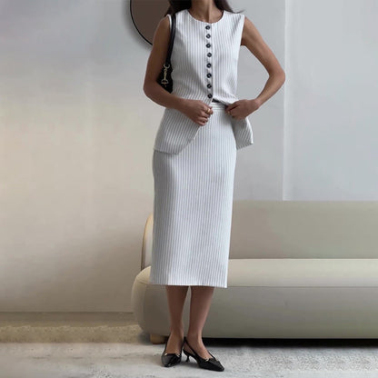Women's Round-neck Striped Single-breasted Vest Top High Waist A- Line Skirt Suit #aclosyESL