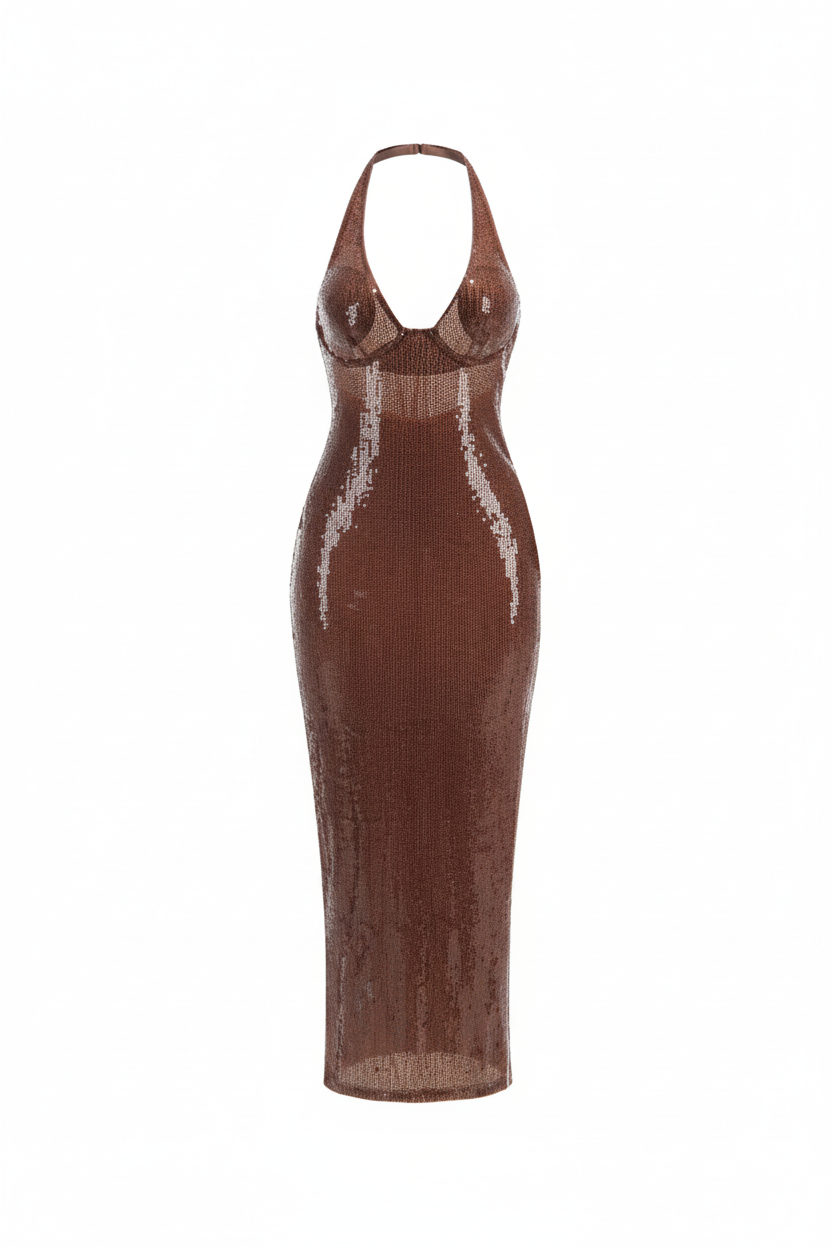 Alerika Deep V Neck Sequin Halter Bodycon Maxi Dress