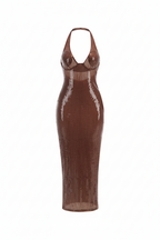 Alerika Deep V Neck Sequin Halter Bodycon Maxi Dress