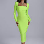 Long Sleeve Square-neck Elegant Slim-fit Dress aclosy