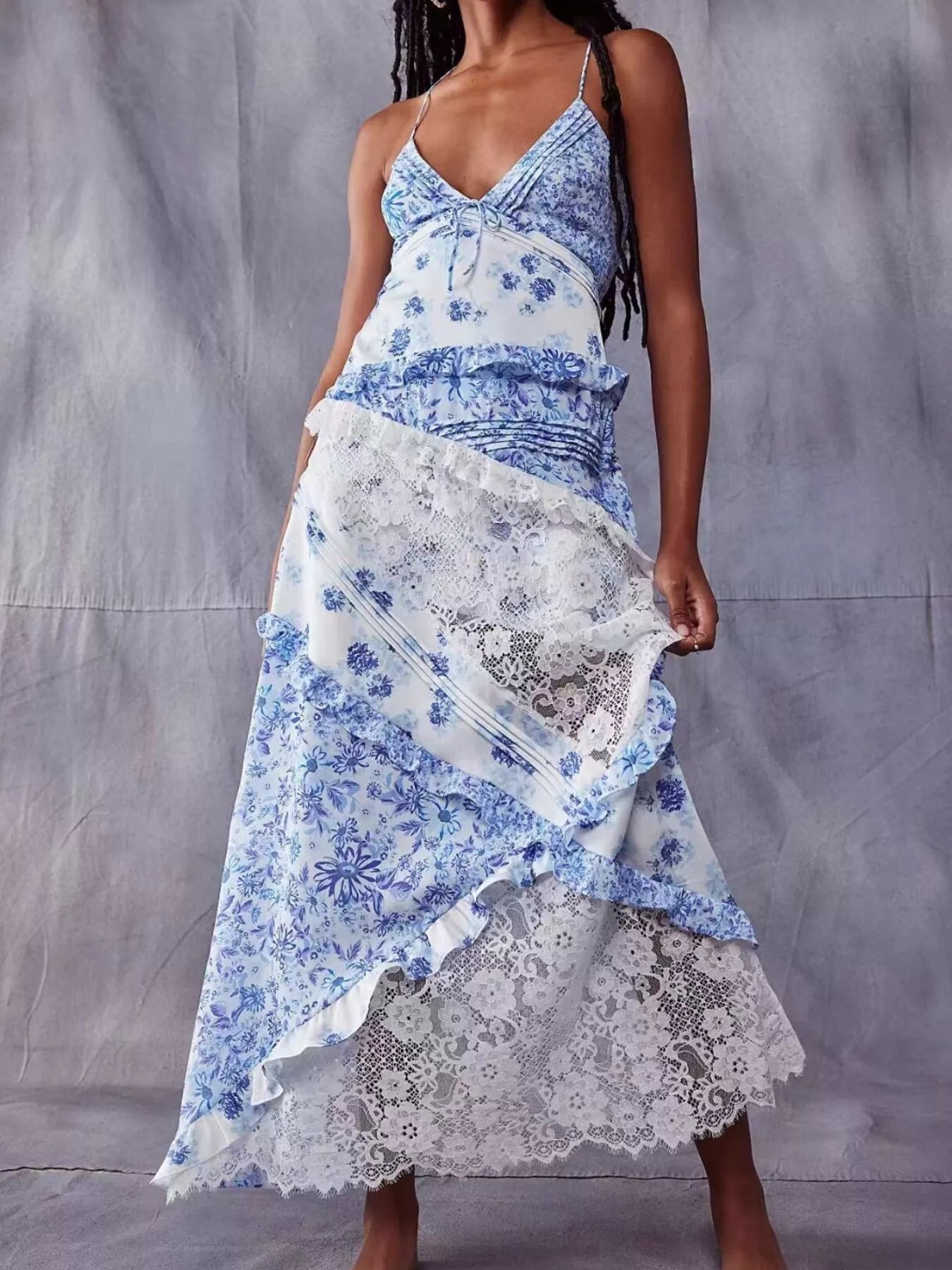 Lace Detail Ruffled Floral V-Neck Maxi Dress  Aclosy