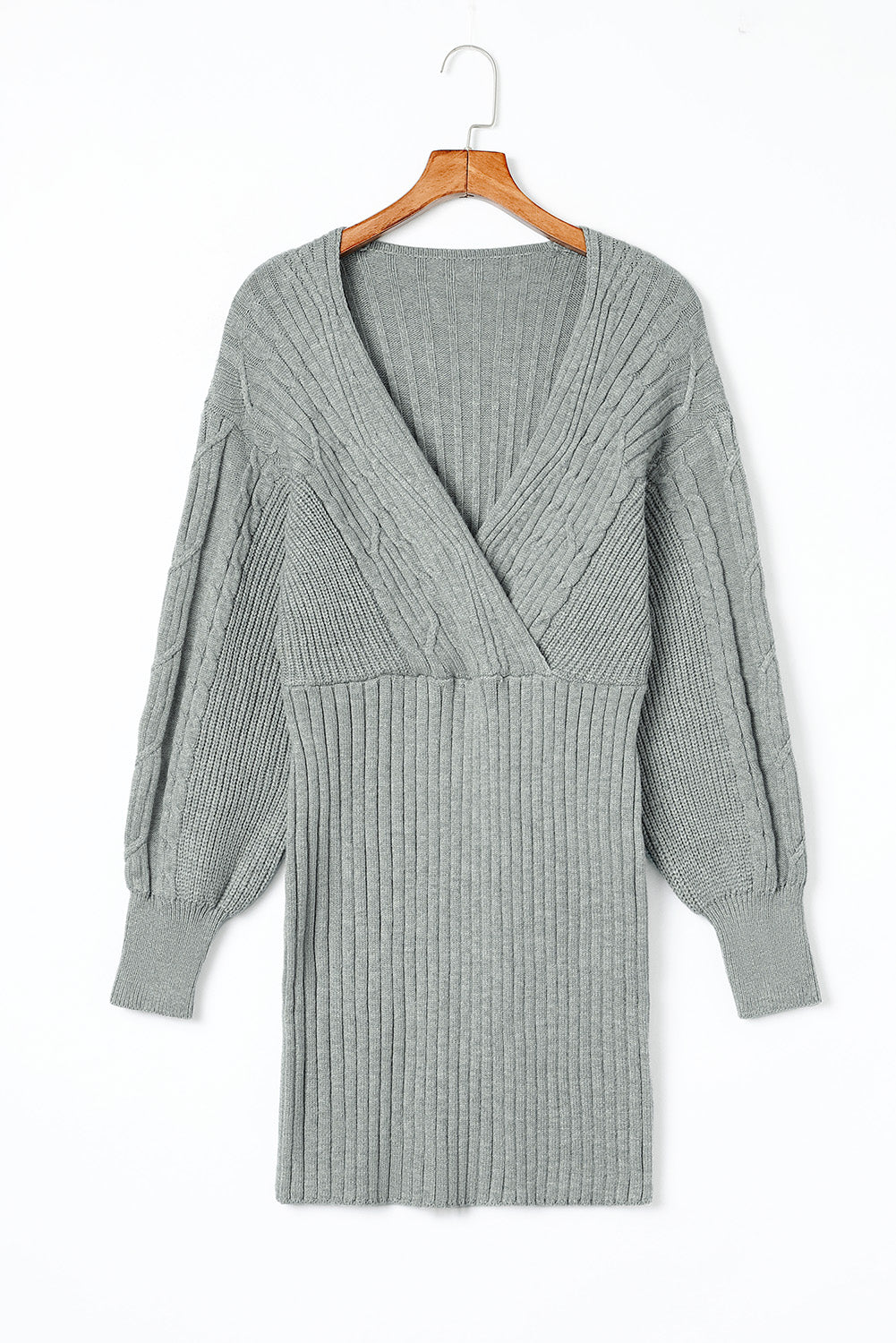 Cable-Knit Surplice Lantern Sleeve Sweater Dress Trendsi