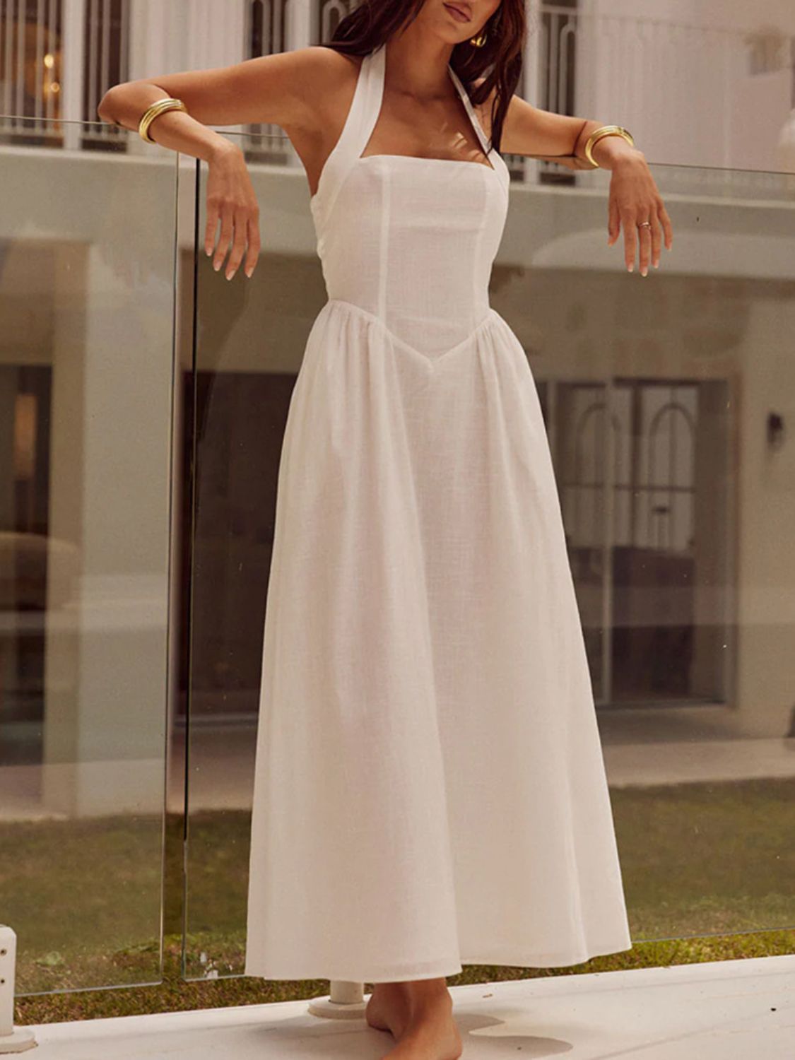 Alera Devine Ruched Halter Neck Midi Dress