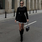 Contrast Color Fungus Long Sleeve A- Line Dress Women Aclosy