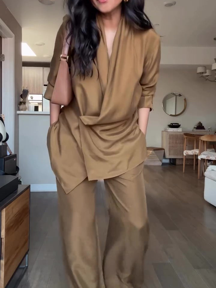 Eleka Wrap-style Satin Blouse And Wide-leg Pants Set