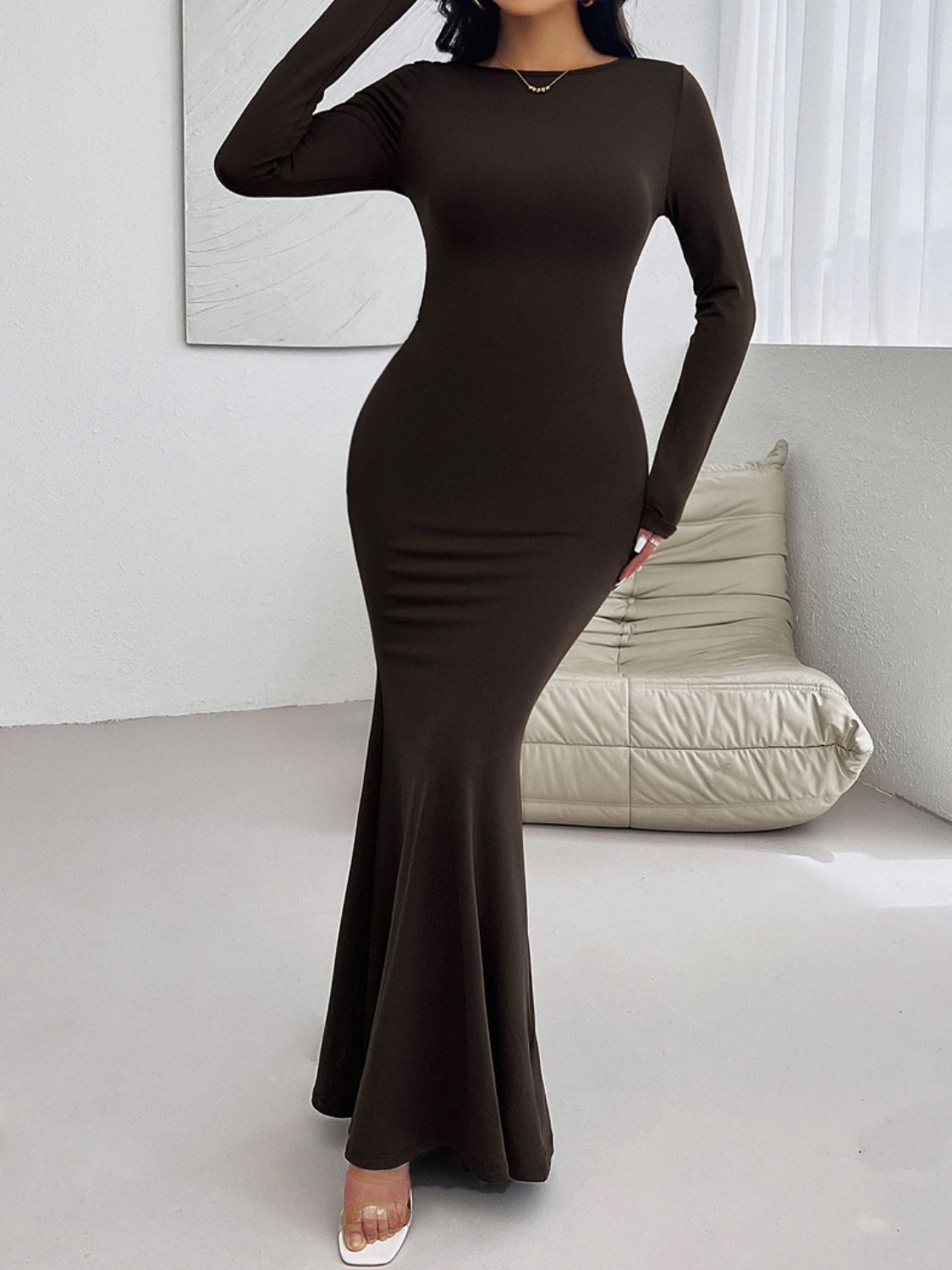 Devine Backless Round Neck Long Sleeve Maxi Dress Trendsi