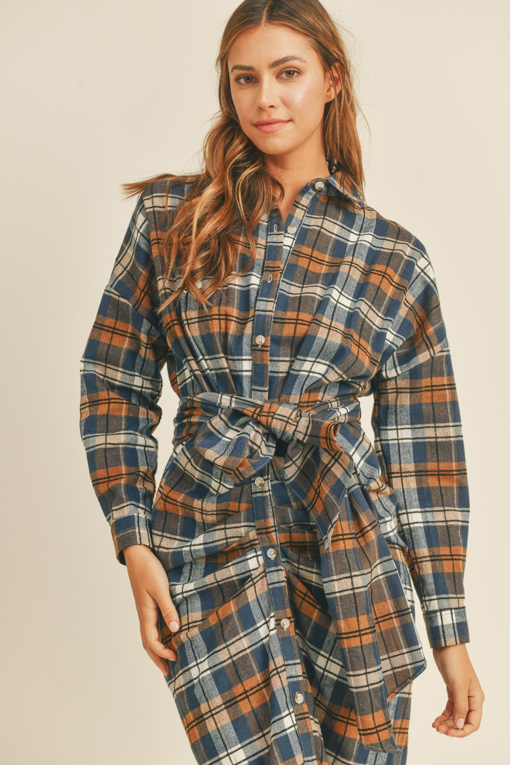 Mable Plaid Flannel Front Tie Button Down Shirt Dress Trendsi