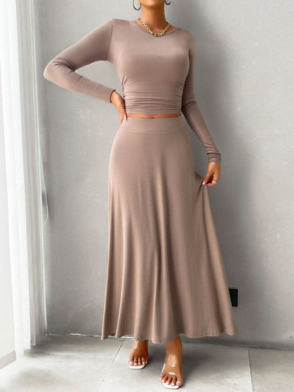 Devine Round Neck Long Sleeve Top and Skirt Set Trendsi