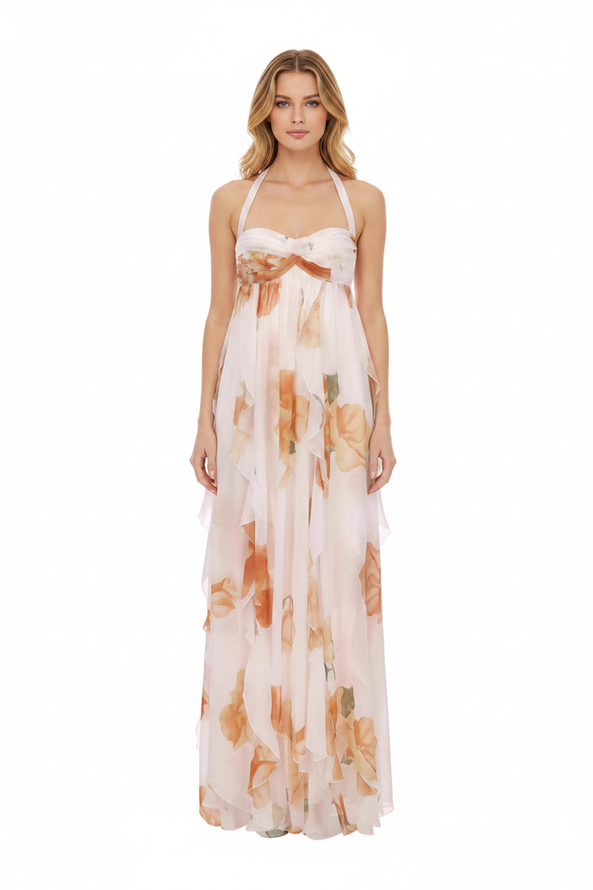 Coraline Backless Floral Chiffon Maxi Dress - White