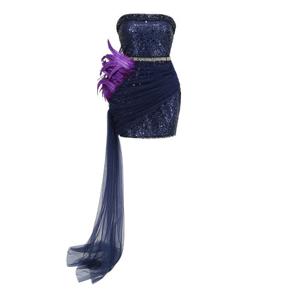 Fashion Casual Sequin Purple Tube Top Stitching Tight Irregular Dress Aclosy