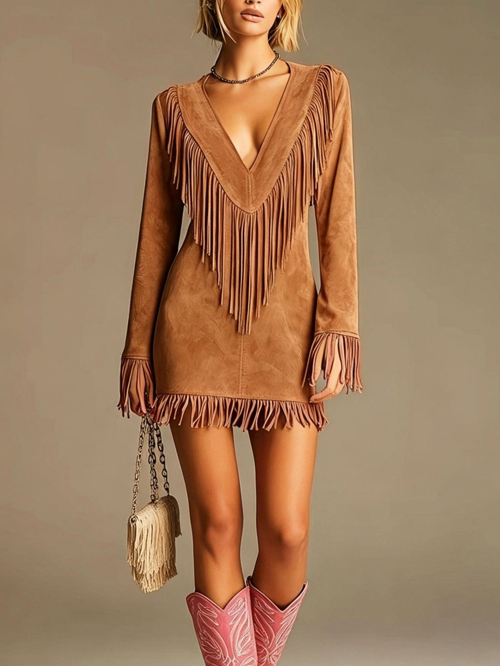 dakota fringe suede v-neck long sleeve mini dress in brown - front view