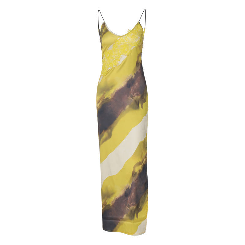 Women's Fashion Printed V-neck Backless Slit Sling Dress Aclosy