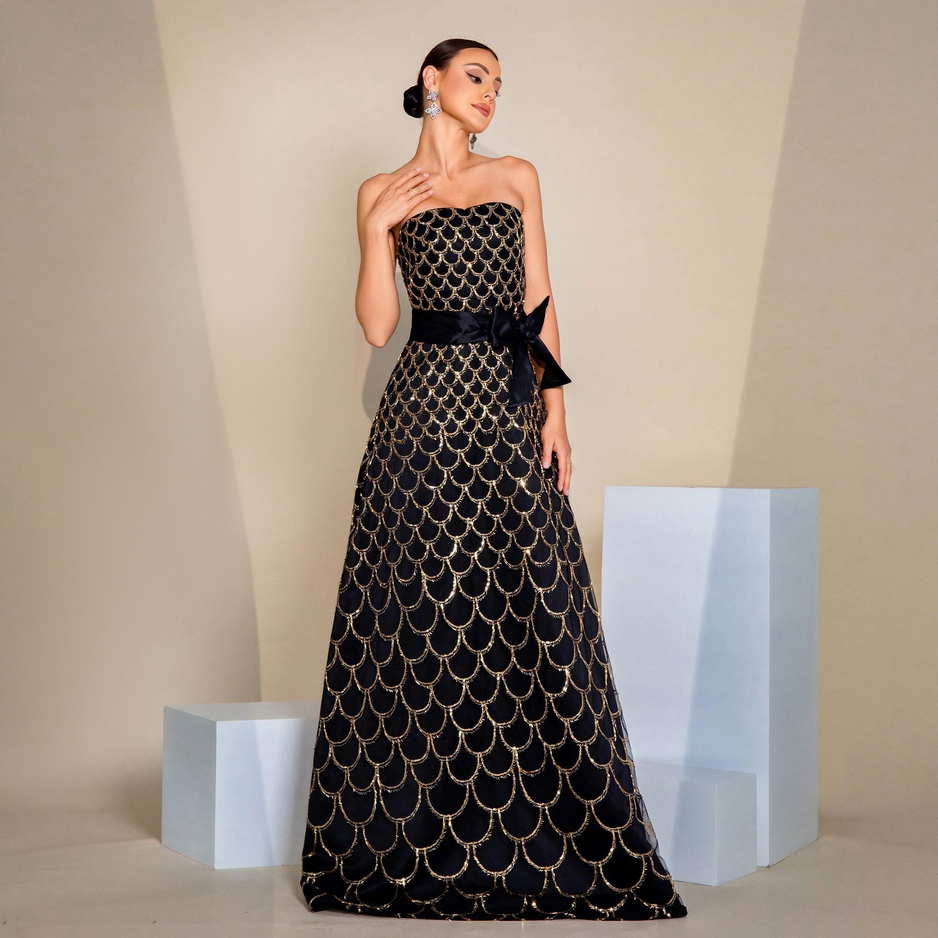 Off-neck Wrapped Chest Nipped-waist Large Swing Sequined Evening Dress aclosy