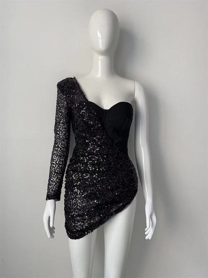 Fake Two-piece Design Sequin Mini Dress Nightclub Singer Performance Dress Aclosy