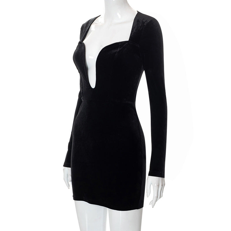 Solid Color Low Cut Long Sleeve Black Dress Aclosy