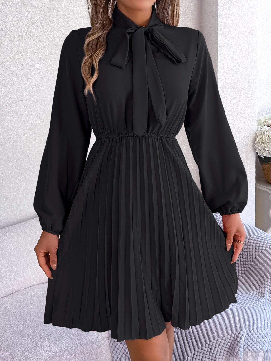 Tie Neck Balloon Sleeve Pleated Dress Trendsi