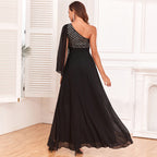 Women's Fashionable Sequin Spliced Long Sleeve Evening Gown aclosy