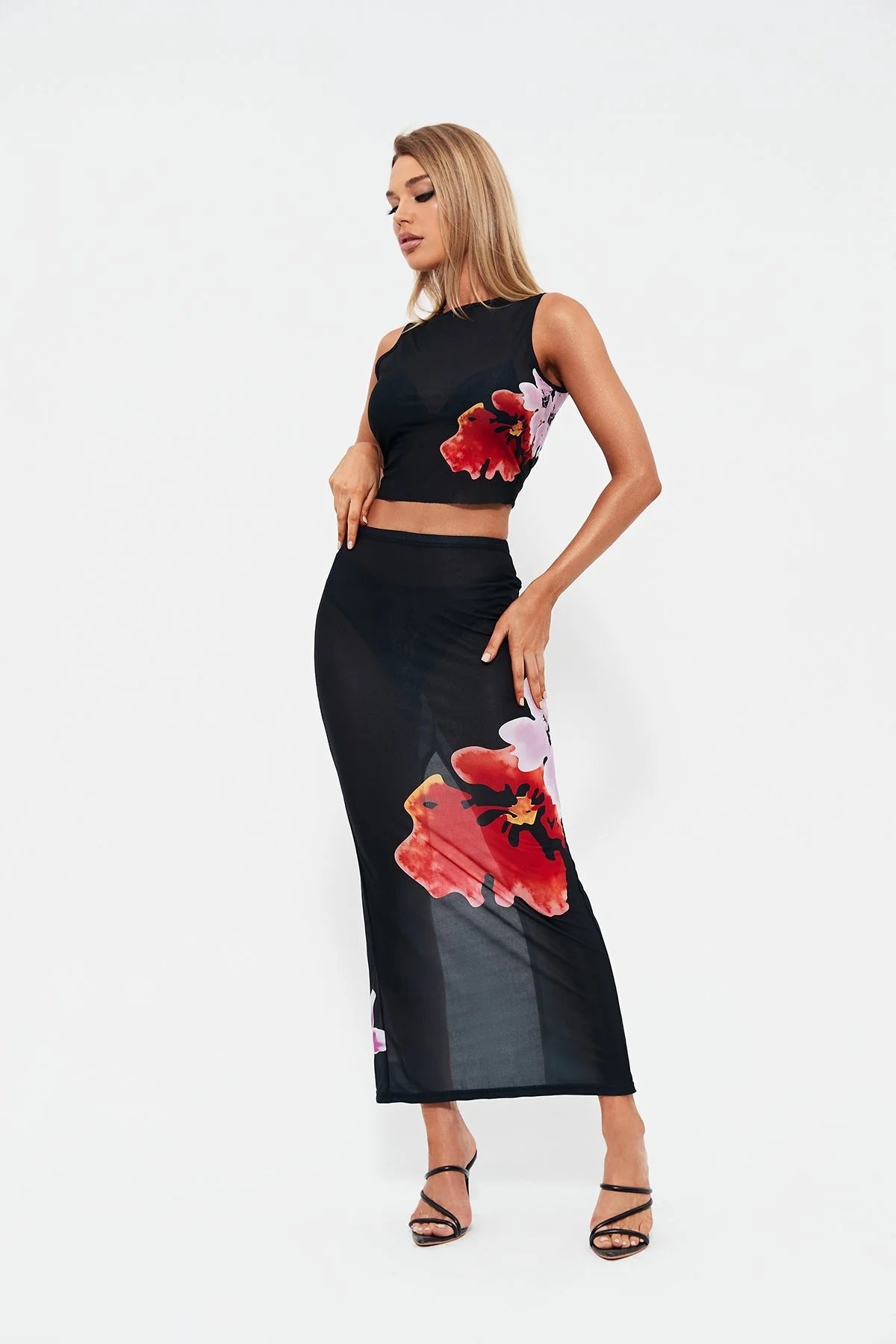Sleeveless Printed Hip Slit Skirt Set aclosy