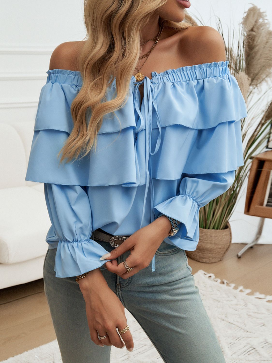 Devine Off-Shoulder Flounce Sleeve Blouse Trendsi