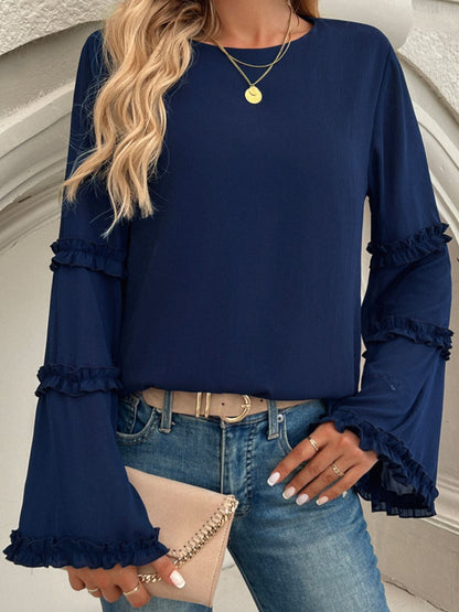 Devine Frill Round Neck Long Sleeve Top Trendsi