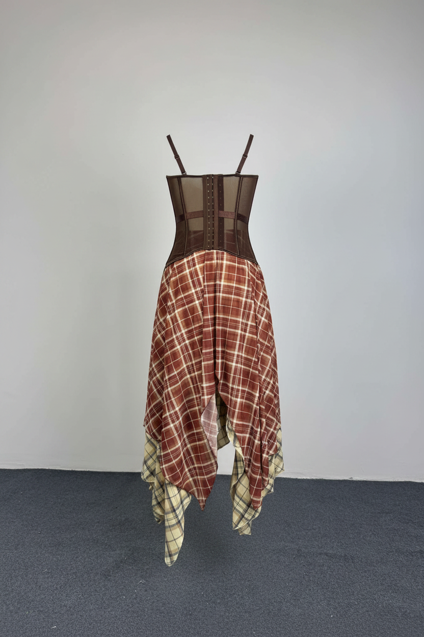 Brown Corset & Plaid Skirt Set – Grunge Concert Outfit