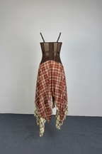 Brown Corset & Plaid Skirt Set – Grunge Concert Outfit