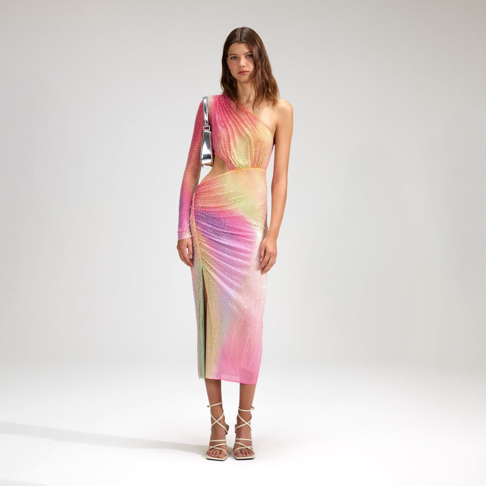 Diagonal Shoulder And Waist Revealing Colored Dress With Slit And Buttocks Wrapped aclosy