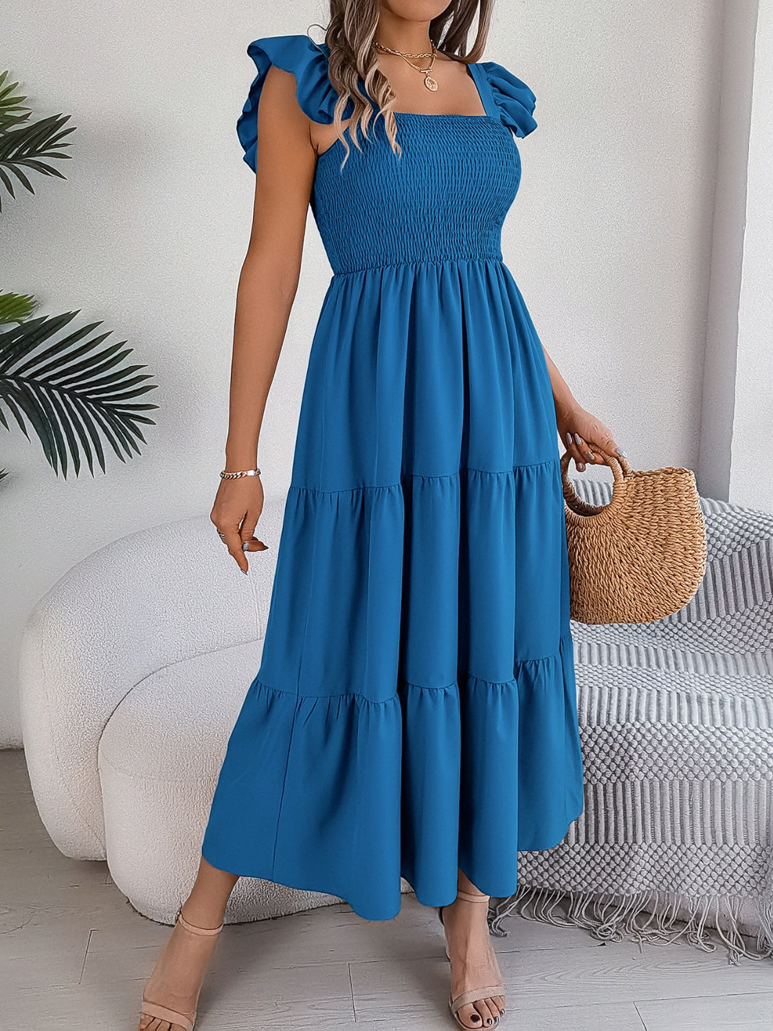 Smocked Square Neck Cap Sleeve Midi Dress Trendsi