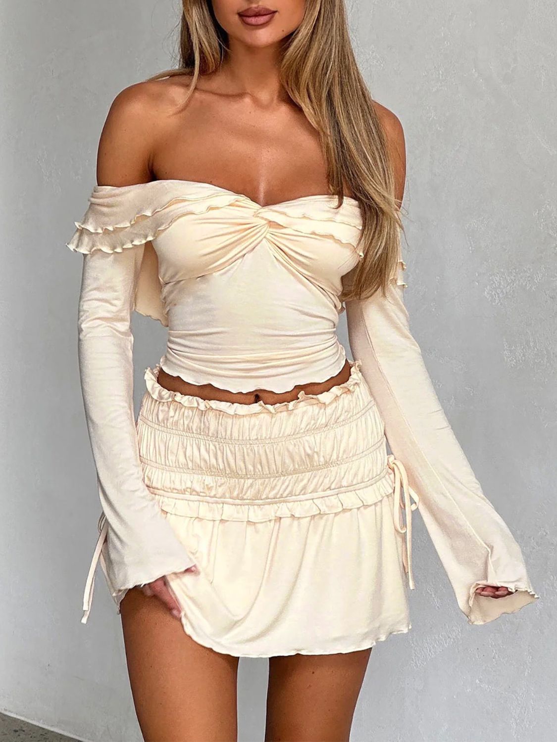 Devine Twisted Ruffled Off-Shoulder Long Sleeve T-Shirt Trendsi