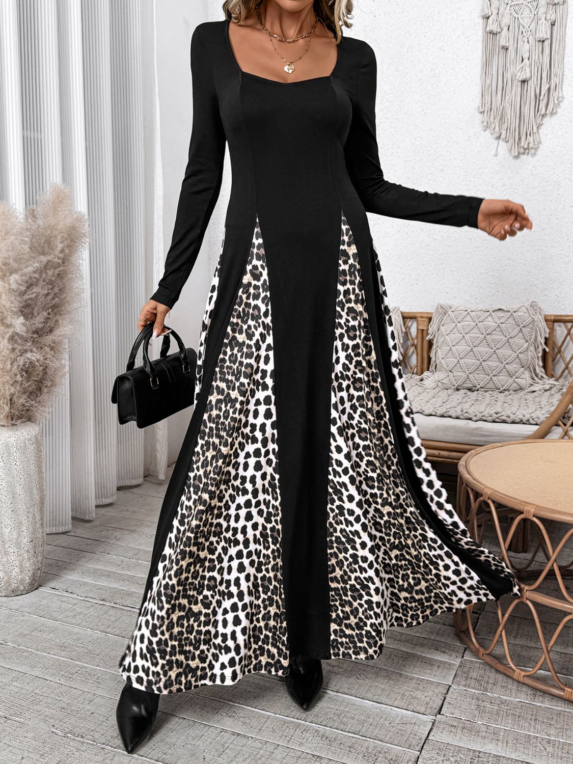 Perfee Leopard Square Neck Long Sleeve Maxi Dress Trendsi