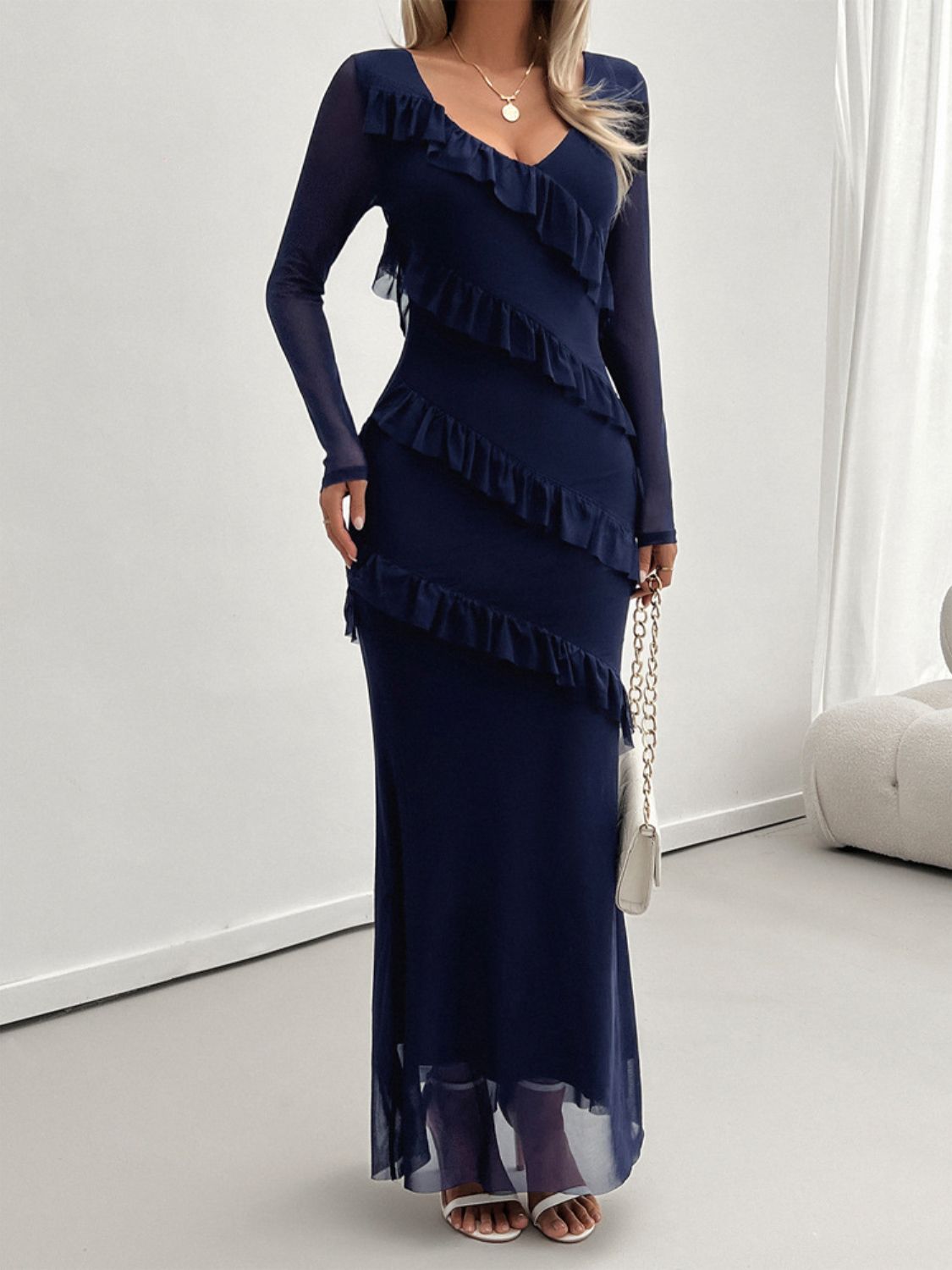 Devine Ruffled Surplice Long Sleeve Maxi Dress Trendsi