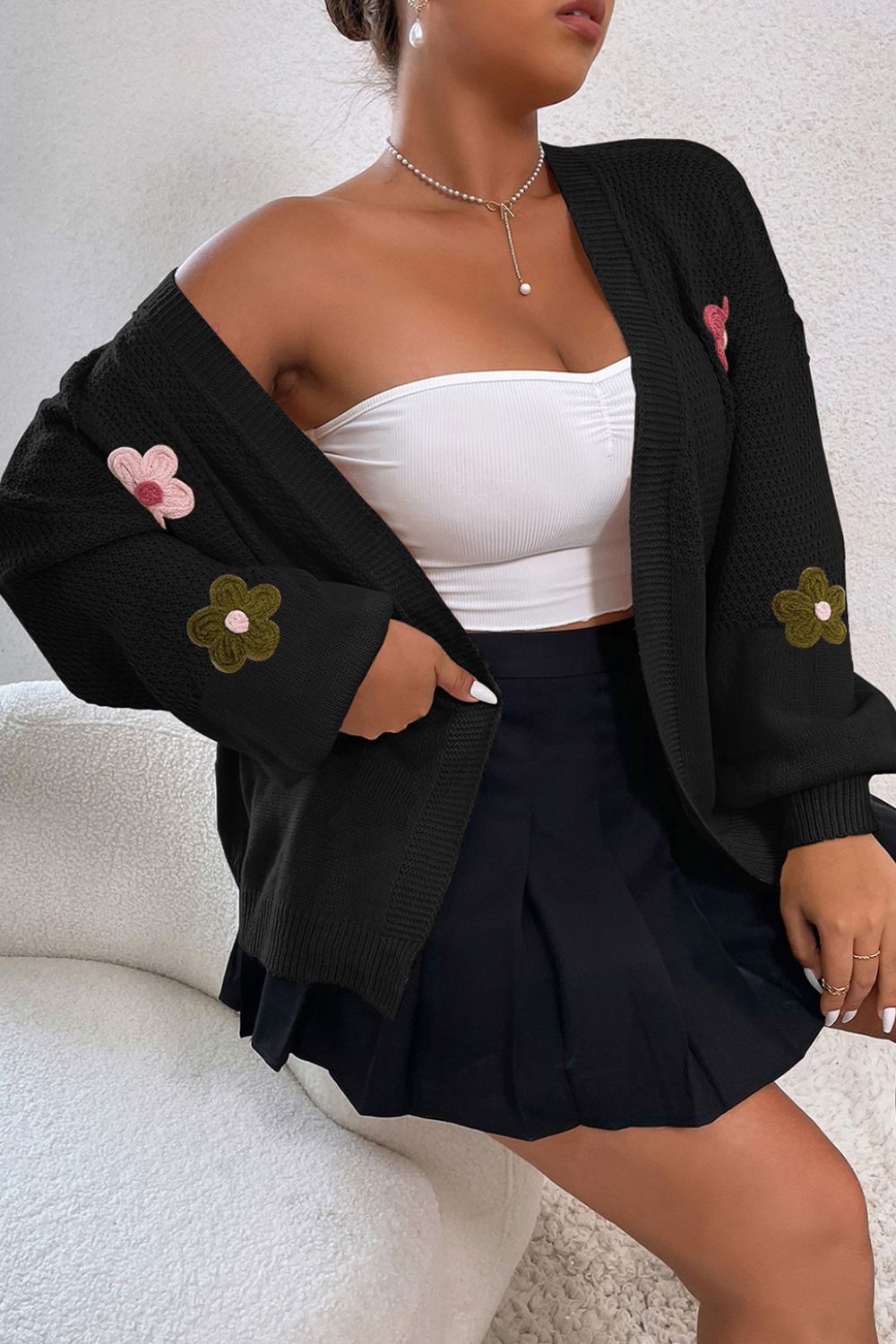 Floral Applique Drop Shoulder Open Front Cardigan Trendsi