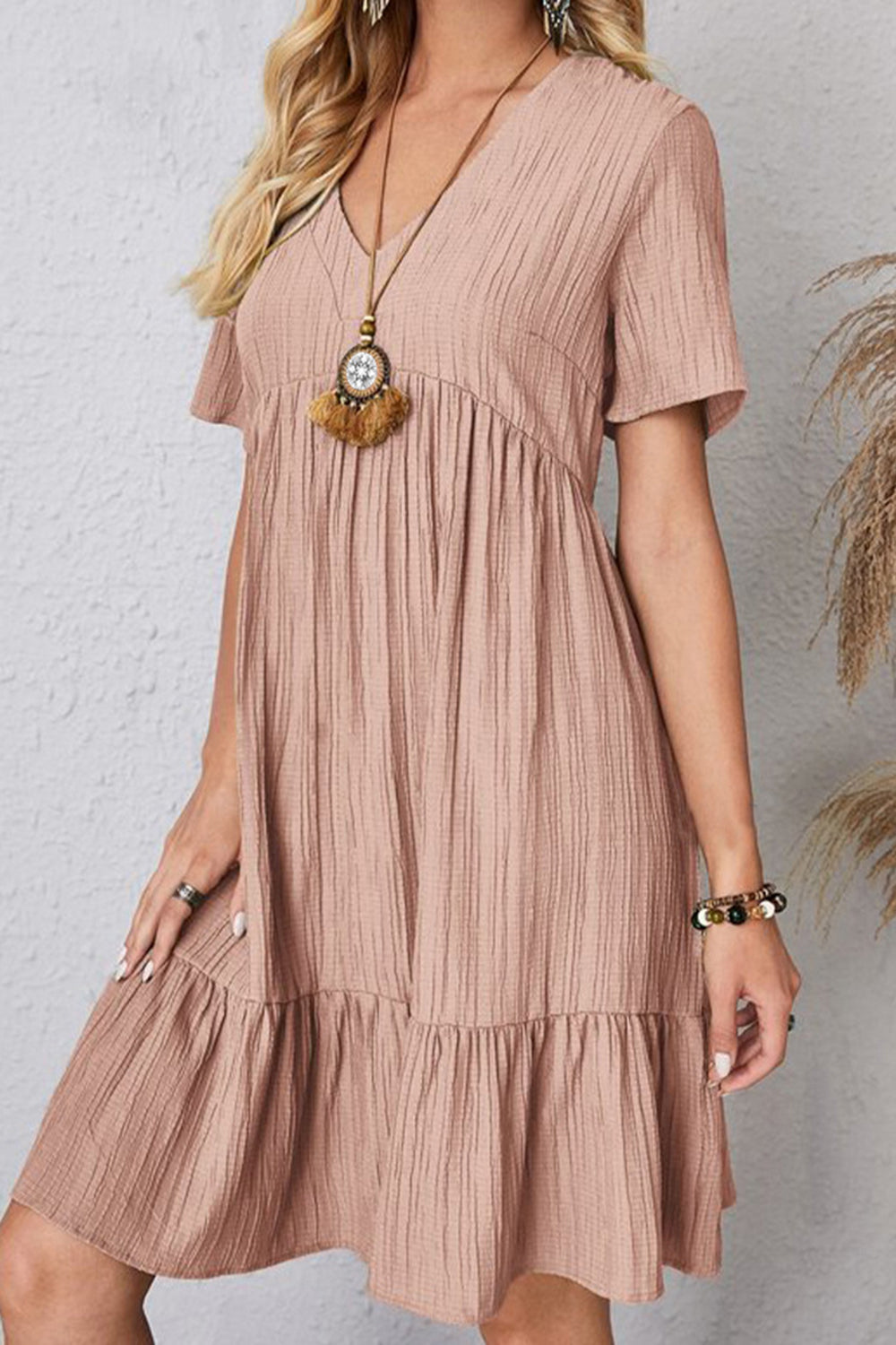 Full Size Ruched V-Neck Short Sleeve Dress Trendsi