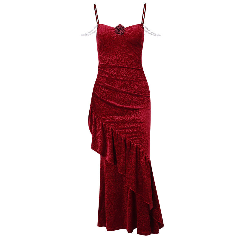 Autumn New Fashion Elegant Slim-fit Rose Strap Fishtail Dress aclosy