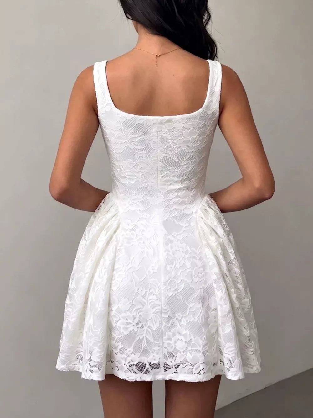 Lila floral lace square-neck mini dress