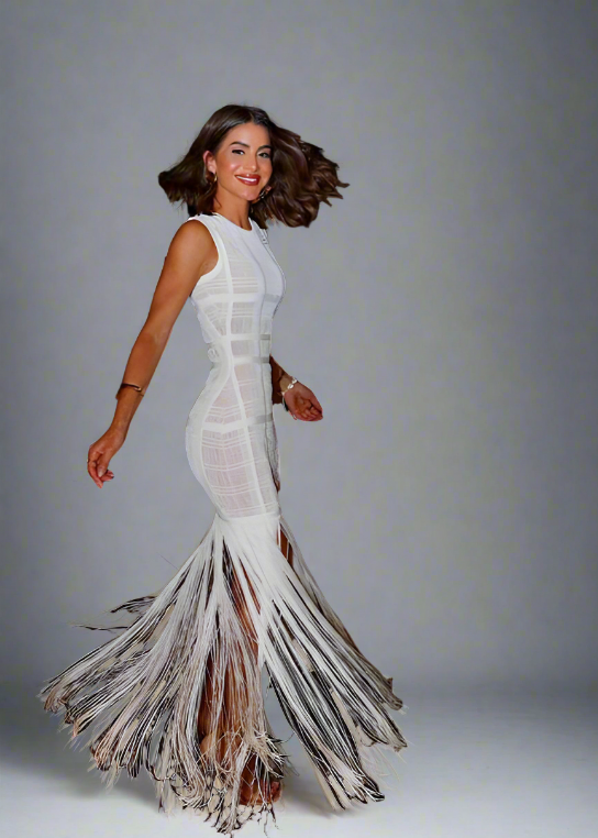 Elegant Mesh See-through Mid-length Fringed Dress