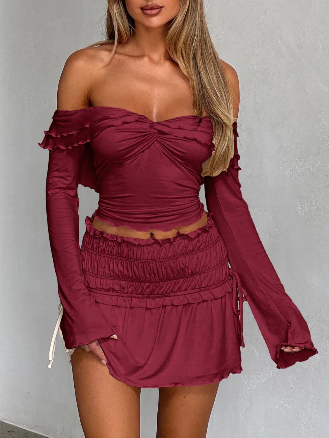 Devine Twisted Ruffled Off-Shoulder Long Sleeve T-Shirt Trendsi