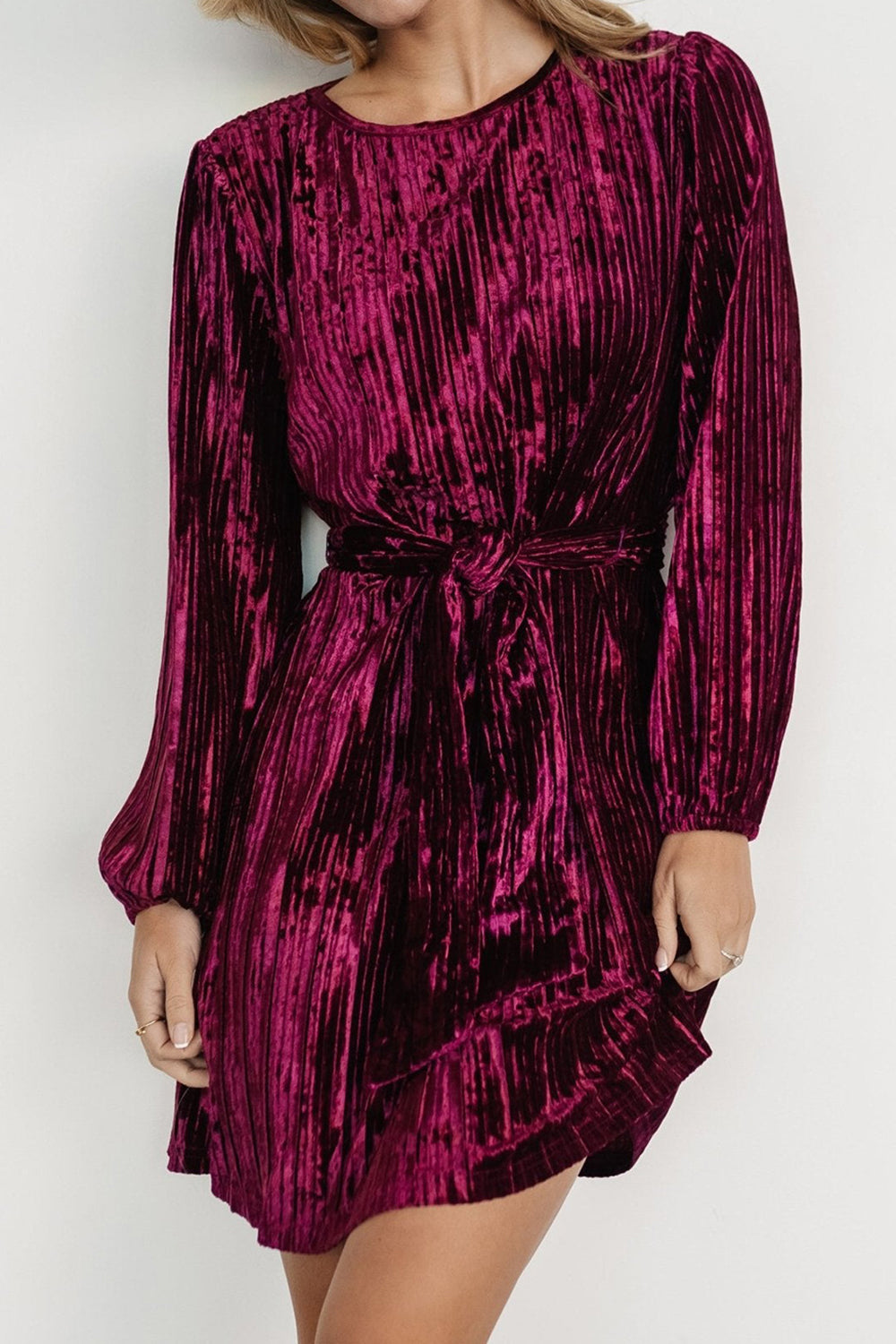 Velvet Round Neck Tie Waist Long Sleeve Mini Dress Trendsi